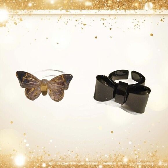 2 Rings Black Tipped Butterfly & Black Bow Resin Ring - Picture 1 of 10